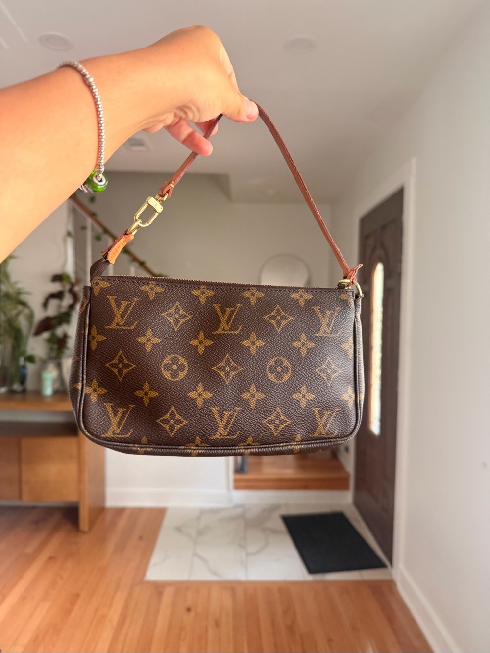 Louis Vuitton Brown Monogram Wristlet with Tan Vachetta and Gold Hardware